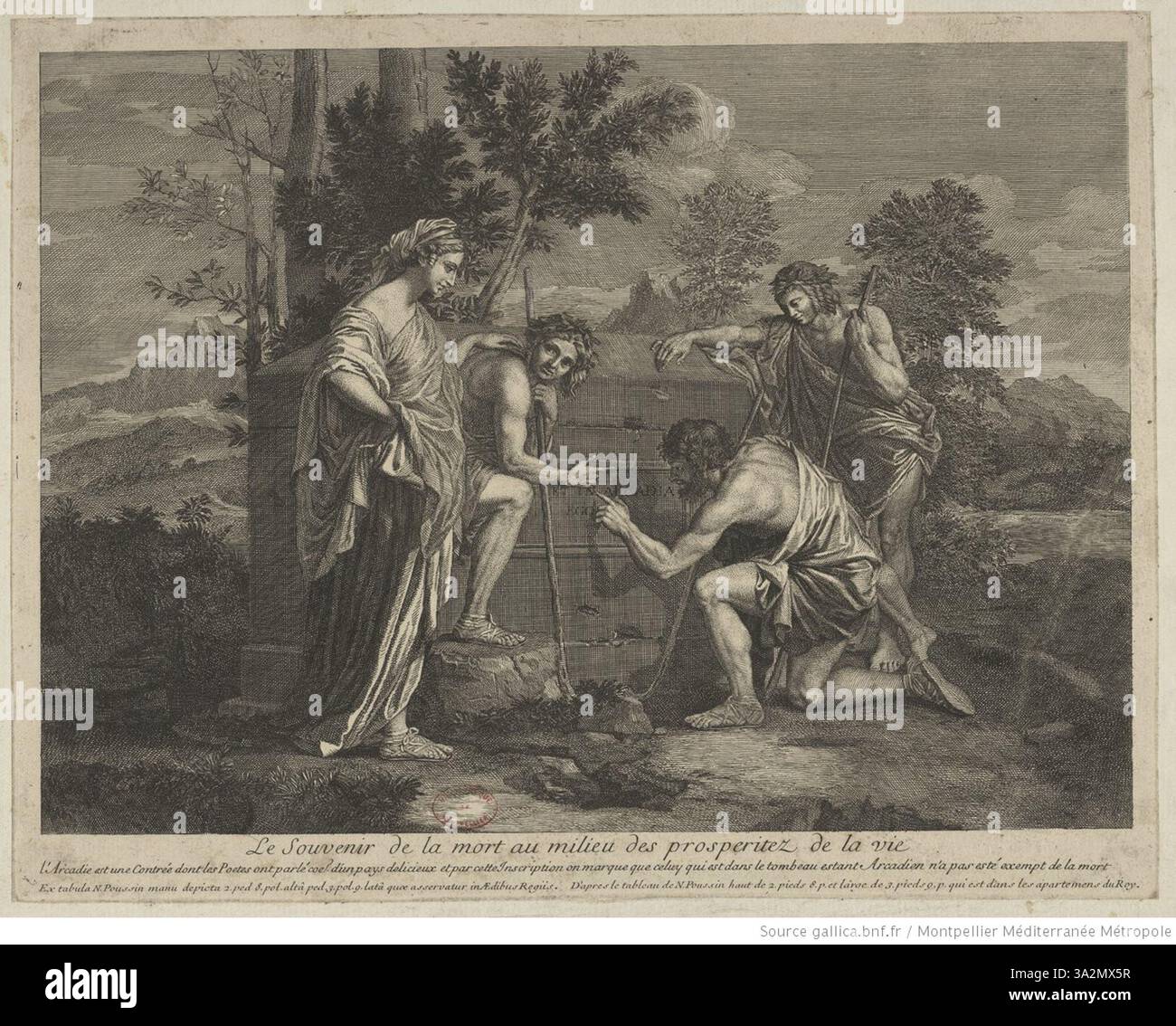 „Les bergers d'Arcadie“ von Bernard Picart zeigt eine Hirtenpastoralszene mit Hirten in Arcadia, einem mythologischen Land des Friedens und der Harmonie. Das Kunstwerk hebt die Einfachheit und Ruhe des ländlichen Lebens in der Antike hervor. Die Hirten betrachten ein Grab mit der Inschrift „et in Arcadia Ego“, das die Unvermeidlichkeit des Todes symbolisiert. Stockfoto