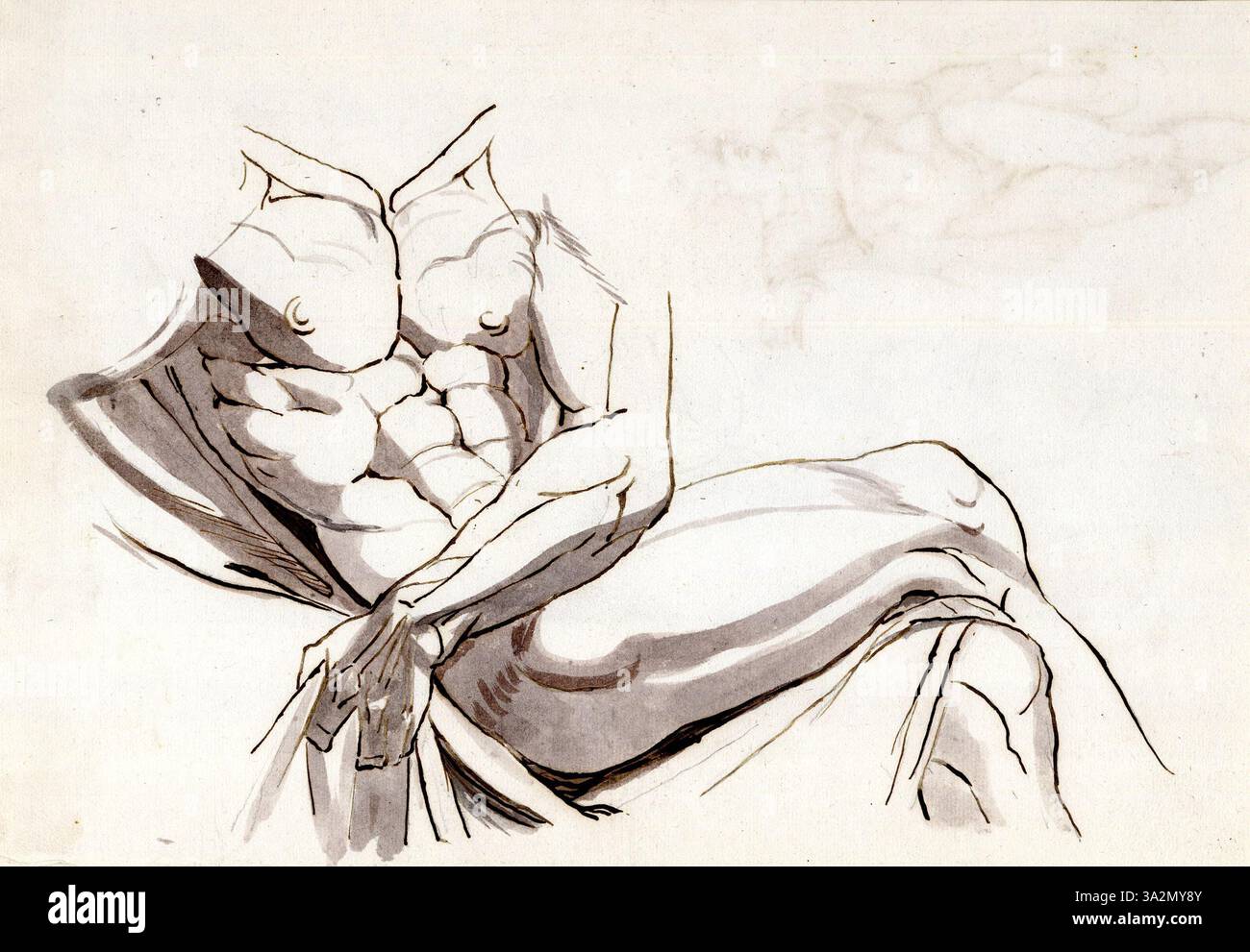 Diese Figurenstudie aus Fuselis *Roman Album* konzentriert sich auf die menschliche Form und erforscht muskuläre Struktur und Proportionen. Er zeigt sein tiefes Interesse an Anatomie und klassischen künstlerischen Traditionen. Stockfoto