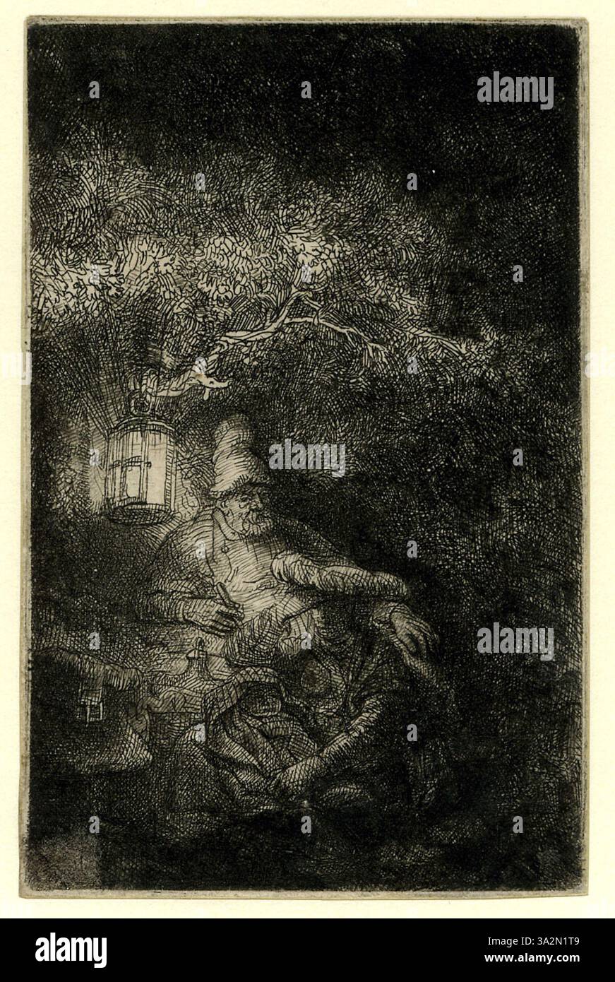Das Werk ist eine markante Ätzung von Rembrandt und nutzt scharfe Kontraste von Licht und Schatten, um die emotionale Wirkung und psychologische Tiefe der Figur zu verstärken. Stockfoto