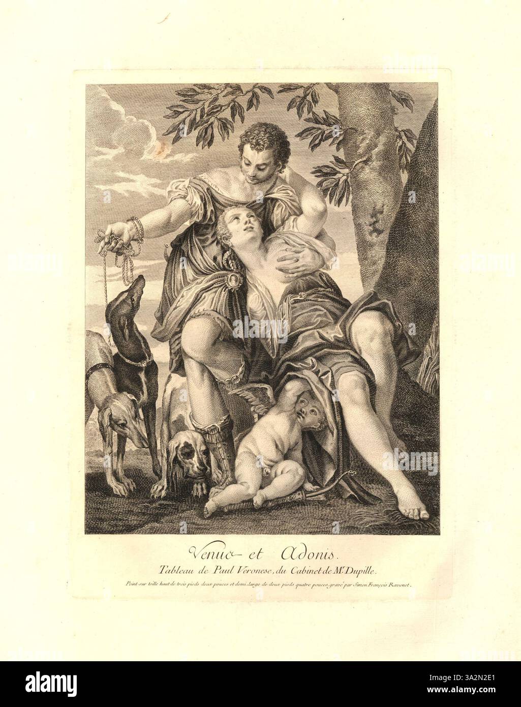 Dieser Kupferstich von Simon Francois Ravenet nach Paolo Veronese zeigt die mythologische Szene von Venus und Adonis. Die Komposition zeigt Venus, die über den Tod ihres Geliebten Adonis trauert. Das Werk spiegelt die klassischen Themen der Liebe und Tragödie wider, die für Veroneses Einsatz von dramatischem Licht und reichen Details charakteristisch sind. Stockfoto