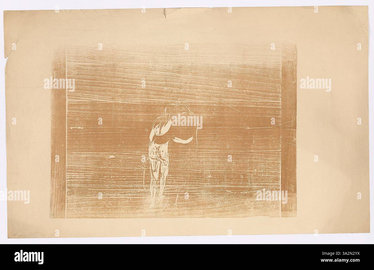 Dieses Gemälde zeigt eine Einzelfigur, die in Richtung eines Waldes geht, die düstere Verwendung von Farben und die wirbelnden Linien, die ein psychologisches Gefühl von Spannung und Furcht betonen. Stockfoto