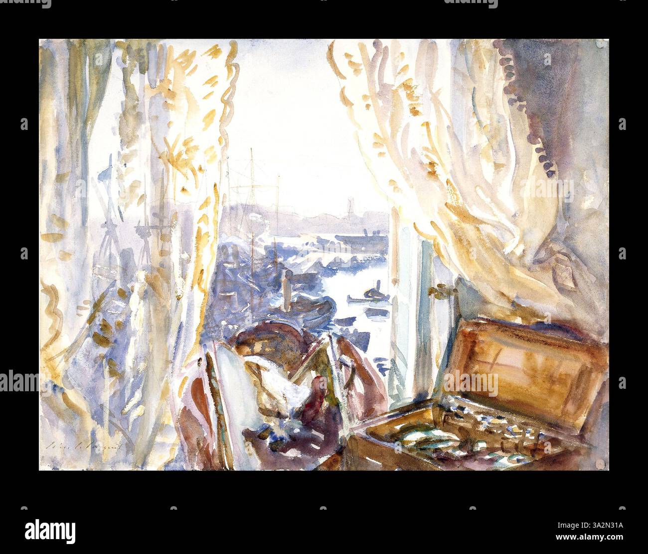 Dieses Gemälde von Sargent zeigt einen Blick aus einem Fenster in Genua und zeigt die Architektur und Landschaft der Stadt mit Aufmerksamkeit auf Licht und Tiefe. Stockfoto Dieses Gemälde von Sargent zeigt einen Blick aus einem Fenster in Genua und zeigt die Architektur und Landschaft der Stadt mit Aufmerksamkeit auf Licht und Tiefe. Stockfoto
