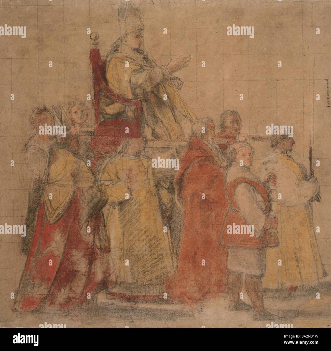 Dieses Gemälde von Raphael zeigt die Prozession von Papst Sylvester I. und veranschaulicht religiöse und zeremonielle Pracht. Er zeigt Raffaels Meisterschaft in der Darstellung von Figuren in einer dynamischen Prozession mit Schwerpunkt auf liturgischen und historischen Themen. Stockfoto