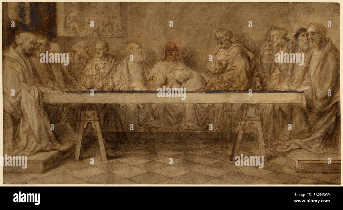 Diese Ätzung ist eine Darstellung des Letzten Abendmahls, basierend auf einer italienischen Zeichnung, die den intimen und feierlichen Moment des letzten Essens Jesu mit seinen Jüngern einfängt. Stockfoto