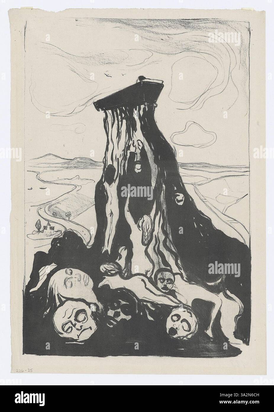 „Trauermarsch“ von Munch zeigt eine düstere Prozession, die die Emotionen des Todes festhält. Die Figuren werden in einer gedämpften Palette angezeigt, die die Trauer und Ehrfurcht der Szene unterstreicht. Stockfoto