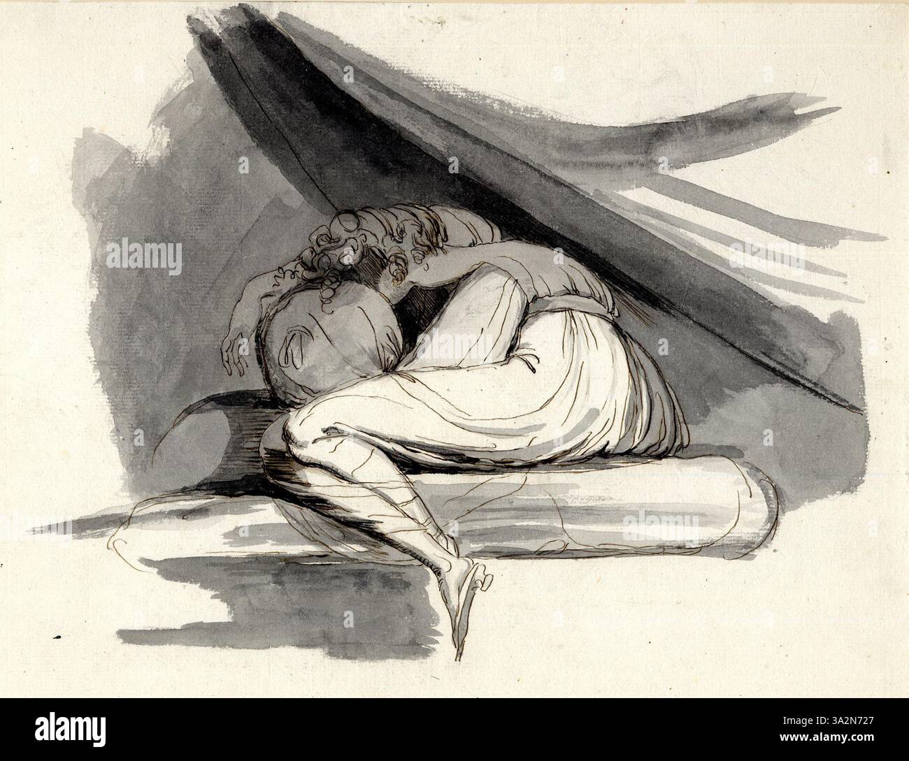 Diese Zeichnung von Henry Fuseli aus dem Jahr 1777 zeigt eine Frau in einer krummen Pose, die emotionale Not und Verletzlichkeit einfängt. Fuseli erforschte in seinen Werken oft dramatische menschliche Emotionen und intensiven Ausdruck, typisch für seinen dunkleren, gotischen Stil. Stockfoto