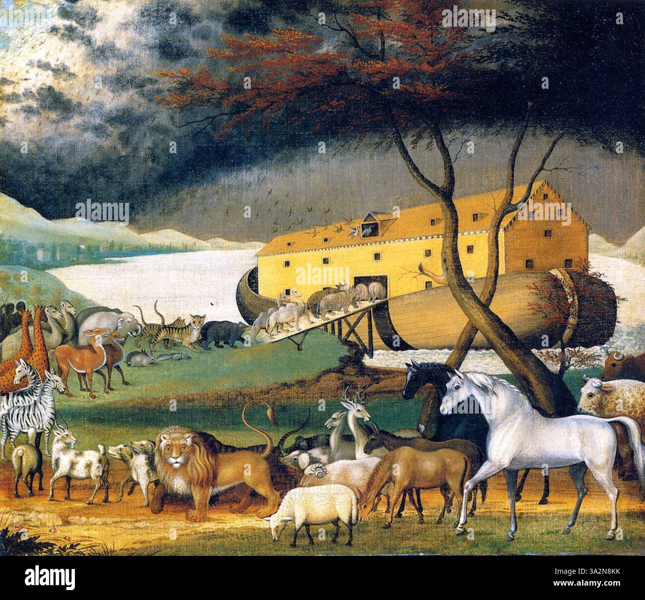 „Noah's Ark“ (1846) von Edward Hicks veranschaulicht die biblische Erzählung von Noah's Ark, mit Paaren von Tieren, die die Arche betreten, die Rettung und göttlichen Schutz während der Flut symbolisieren. Stockfoto