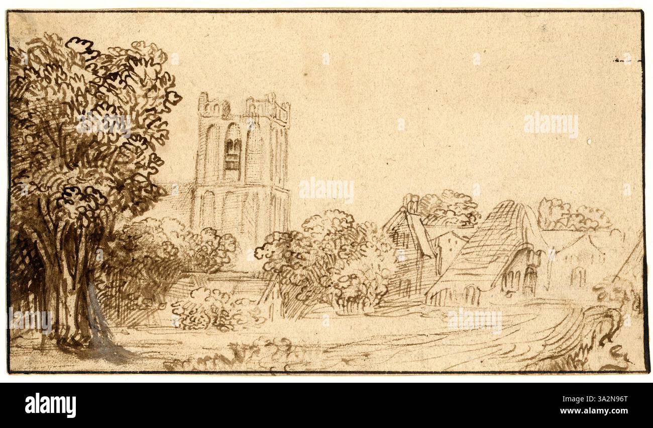 Diese Landschaft zeigt ein Dorf mit einem Kirchturm, was die Ruhe des ländlichen Lebens unterstreicht. Die Perspektive hebt den offenen Raum und das architektonische Merkmal des Kirchturms hervor. Stockfoto