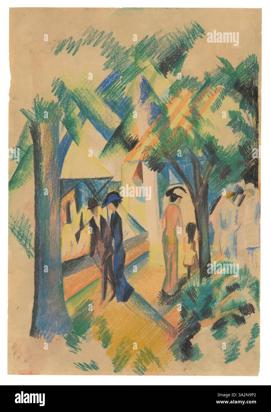 Spaziergänger (Stroller) von August Macke zeigt Menschen, die in einem urbanen Umfeld schlendern, mit einem Modegeschäft im Hintergrund. Das Gemälde erkundet das moderne Leben mit ausdrucksstarken Pinselarbeiten und kräftigen Farben. Stockfoto