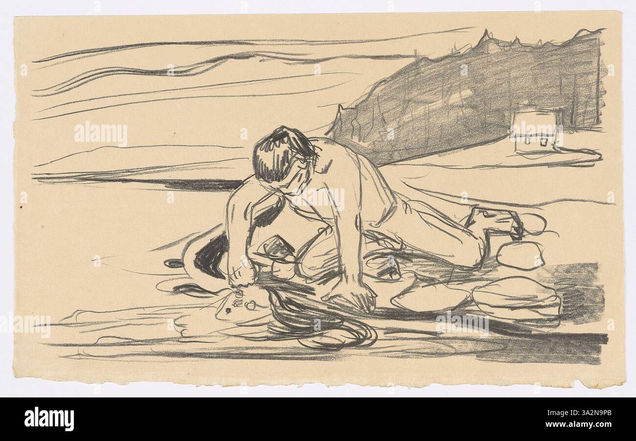 In dieser Version von „Omega's Death“ verwendet Munch scharfe Kontraste und übertriebene Formen, um die emotionalen Extreme der Mortalität zu vermitteln. Die Isolation und Verzweiflung des Subjekts werden durch die Verwendung von auffälligen Linien und tiefen Schatten visuell betont. Stockfoto