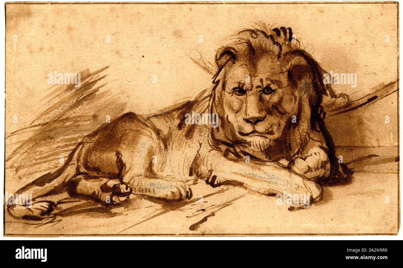 Eine Nachbildung eines liegenden Löwen mit nach rechts gedrehtem Kopf, der nach vorne blickt. Die Ätzung unterstreicht das ruhige Verhalten des Löwen und seine starke Präsenz. Stockfoto