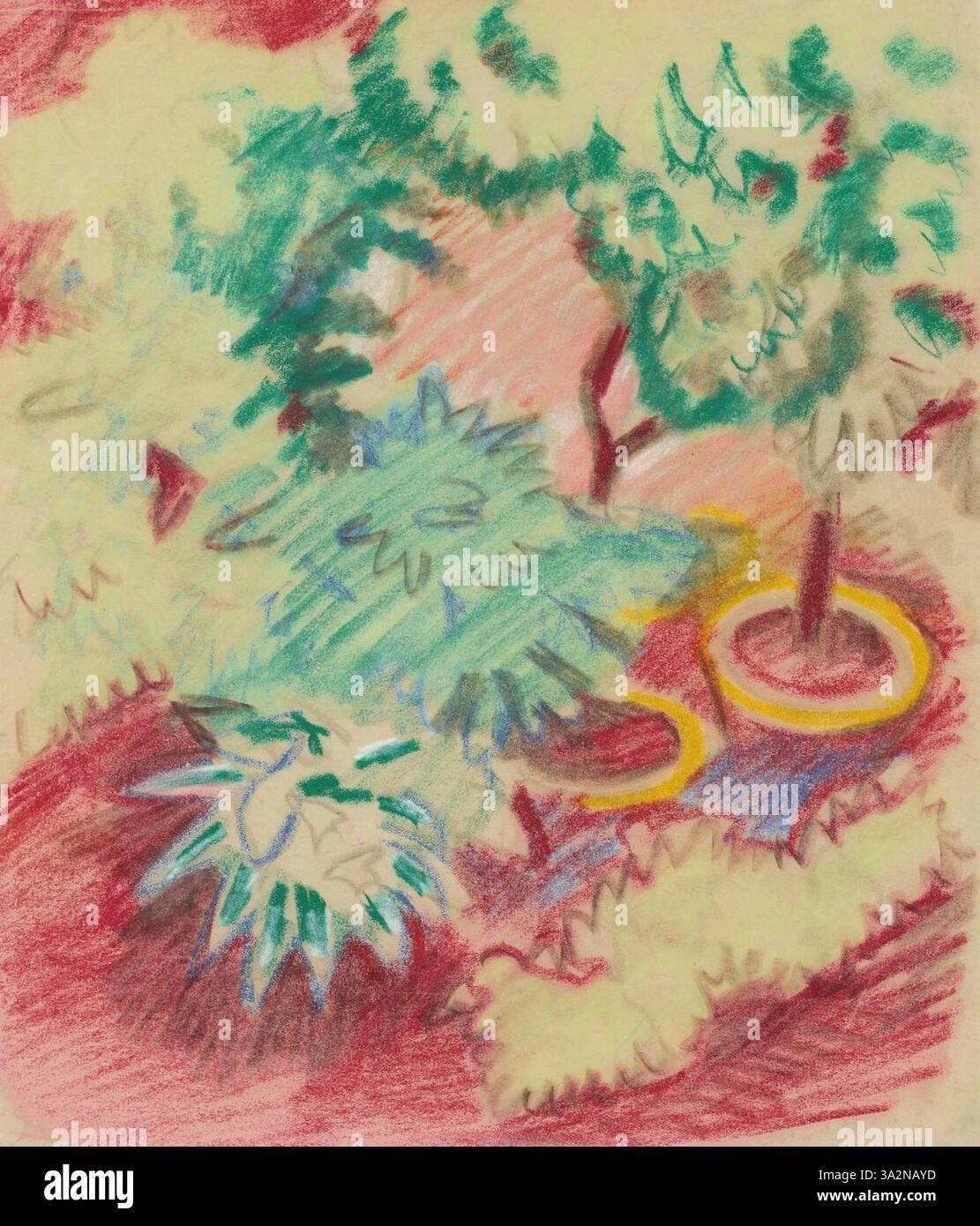 Blumentöpfe von August Macke zeigen eine Stillleben-Komposition aus Topfpflanzen. Das Werk unterstreicht Mackes Fähigkeit, Farbe und Form zu kombinieren, und hebt die Natur in einem modernistischen Stil hervor. Stockfoto