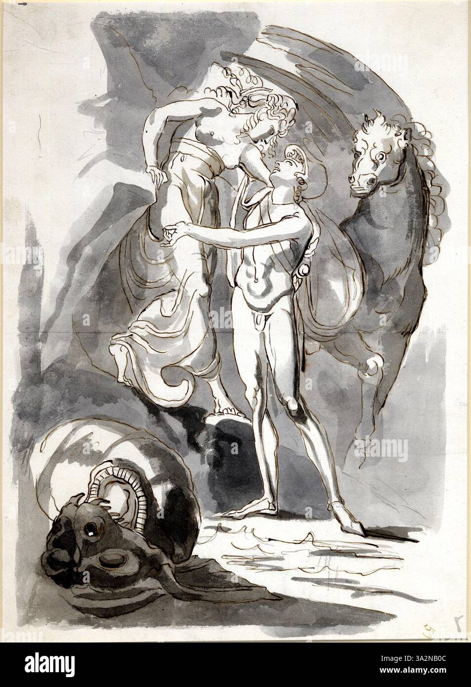 Diese dramatische Zeichnung zeigt den mythologischen Moment, in dem Perseus Andromeda vor dem Meeresungeheuer rettet. Fuselis Komposition hebt die heroische Handlung hervor, mit Perseus in einer dynamischen Pose und Andromeda als verwundbare Figur in Gefahr. Der starke Kontrast von Licht und Schatten unterstreicht die Spannung der Szene. Stockfoto