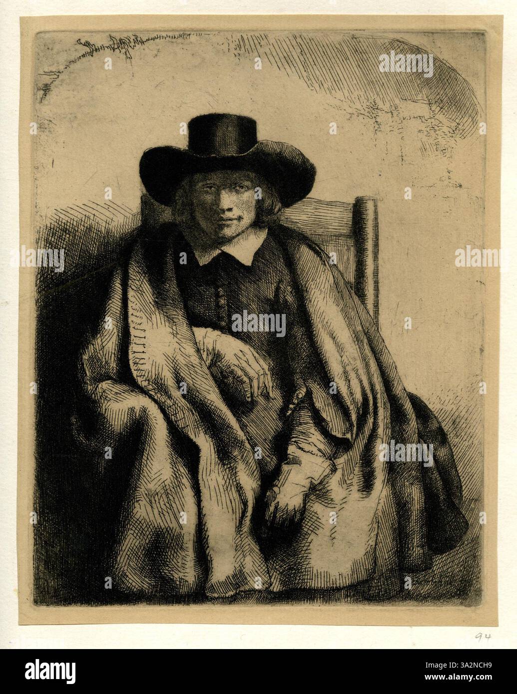 Diese Ätzung aus Rembrandts Serie zeigt seine außergewöhnliche Fähigkeit, realistische Darstellung mit emotionaler Resonanz zu verbinden. Stockfoto