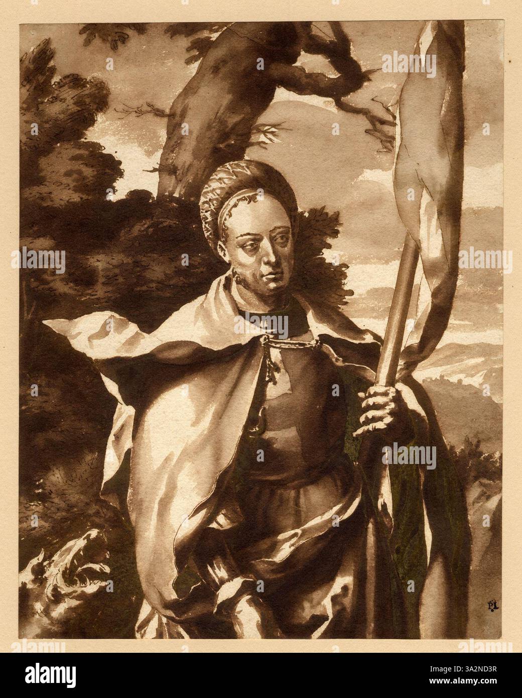 „George and the Dragon“, gemalt von Jan de Bisschop zwischen 1643 und 1671, basiert möglicherweise auf Lucas van Leydens Interpretation der legendären Geschichte. Es zeigt, wie der heilige Georg den Drachen besiegt. Stockfoto