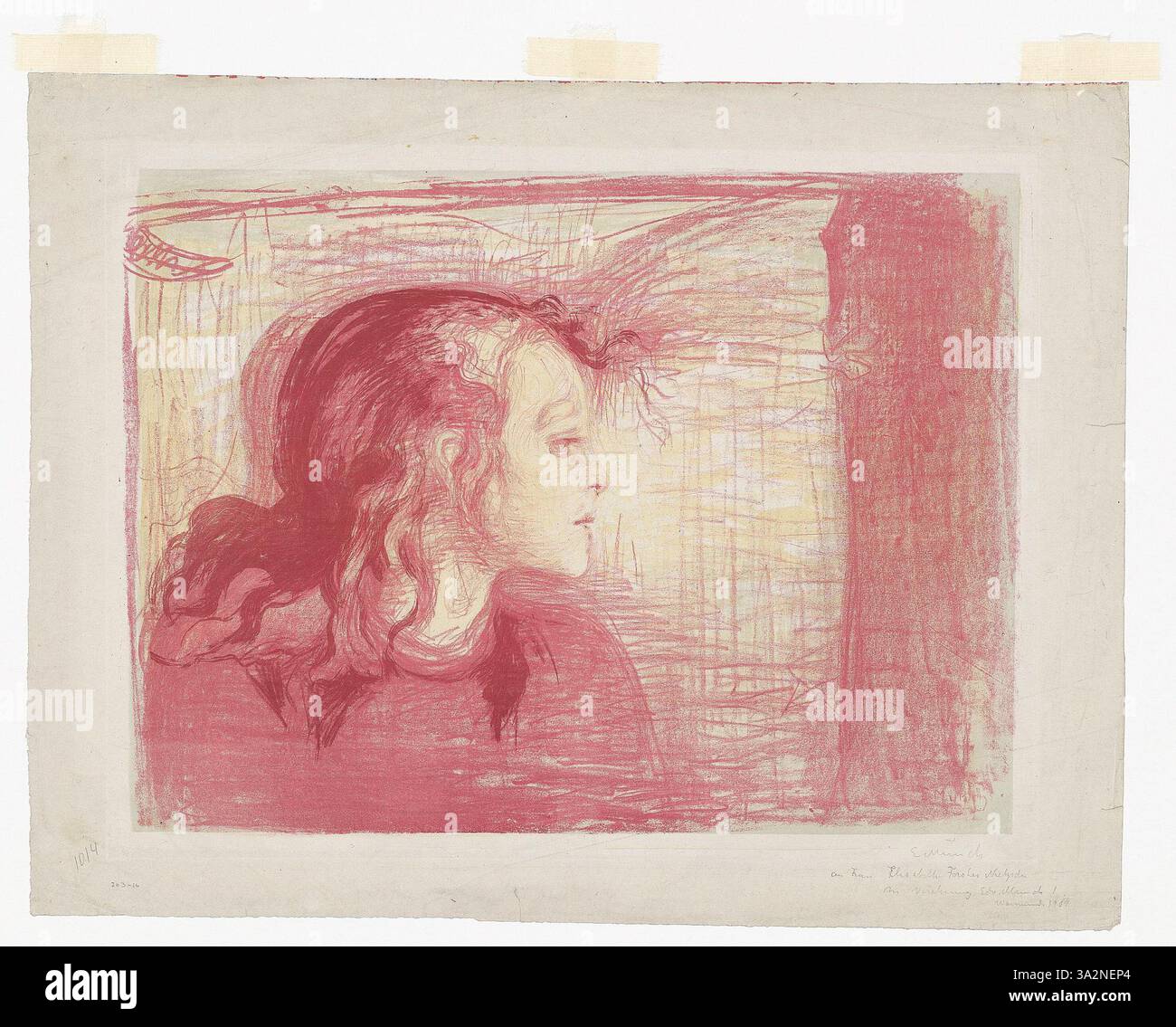 „The Sick Child I“ von Edvard Munch zeigt eine zärtliche Szene, in der ein Betreuer ein krankes Kind pflegt. Die weiche, gedämpfte Farbpalette und die lockere Pinselarbeit spiegeln das emotionale Gewicht von Krankheit und Verletzlichkeit wider. Munch fängt die Fragilität des Lebens und die intime Bindung zwischen den Figuren ein und betont Themen wie Kummer, Trauer und Mitgefühl. Stockfoto