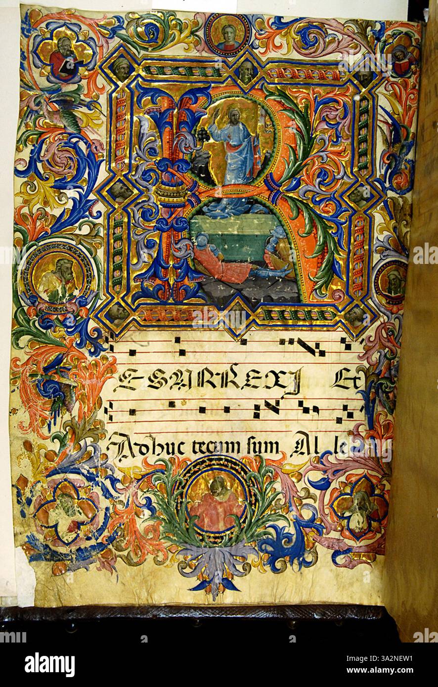 Lorenzo Monacos „Iniziali Istoriate“ (historisierte Initialen) sind beleuchtete Buchstaben mit komplizierten Darstellungen religiöser Szenen, die Techniken der frühen Renaissance demonstrieren, Text mit sakralen Bildern zu mischen. Stockfoto