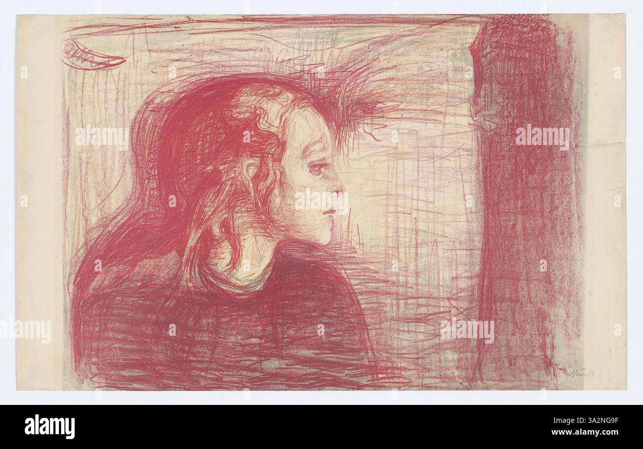 „The Sick Child I“ von Edvard Munch zeigt einen Erwachsenen, der ein krankes Kind tröstet. Die gedämpften Farben und weichen Pinselstriche betonen das emotionale Gewicht der Szene und heben Verletzlichkeit und Mitgefühl angesichts von Krankheiten hervor. Stockfoto