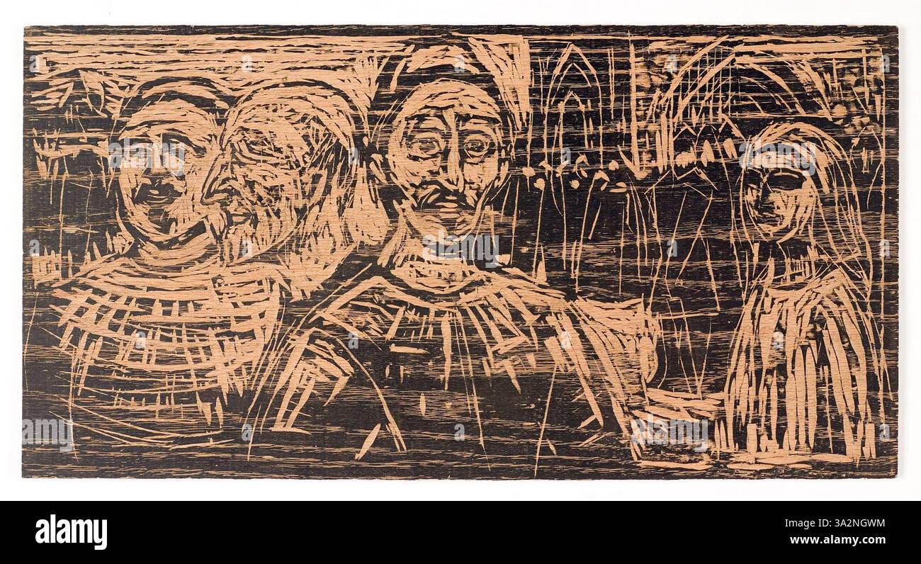 „The Pretenders Ordeal by Fire I“ zeigt eine dramatische Szene von Prozess und Leid. Munchs ausdrucksstarker Einsatz von Farbe und Komposition erhöht die Intensität des emotionalen und physischen Kampfes der Figuren. Stockfoto