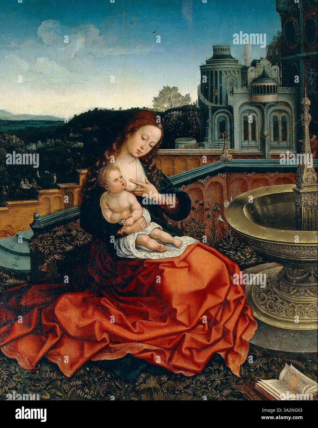 Dieses Gemälde, das Bernaert van Orley zugeschrieben wird, zeigt die Madonna, die das Kind Christus an einem Brunnen stillt. Das um 1515 entstandene Werk betont mütterliche Liebe und religiöse Hingabe in der Renaissance-Kunst. Stockfoto