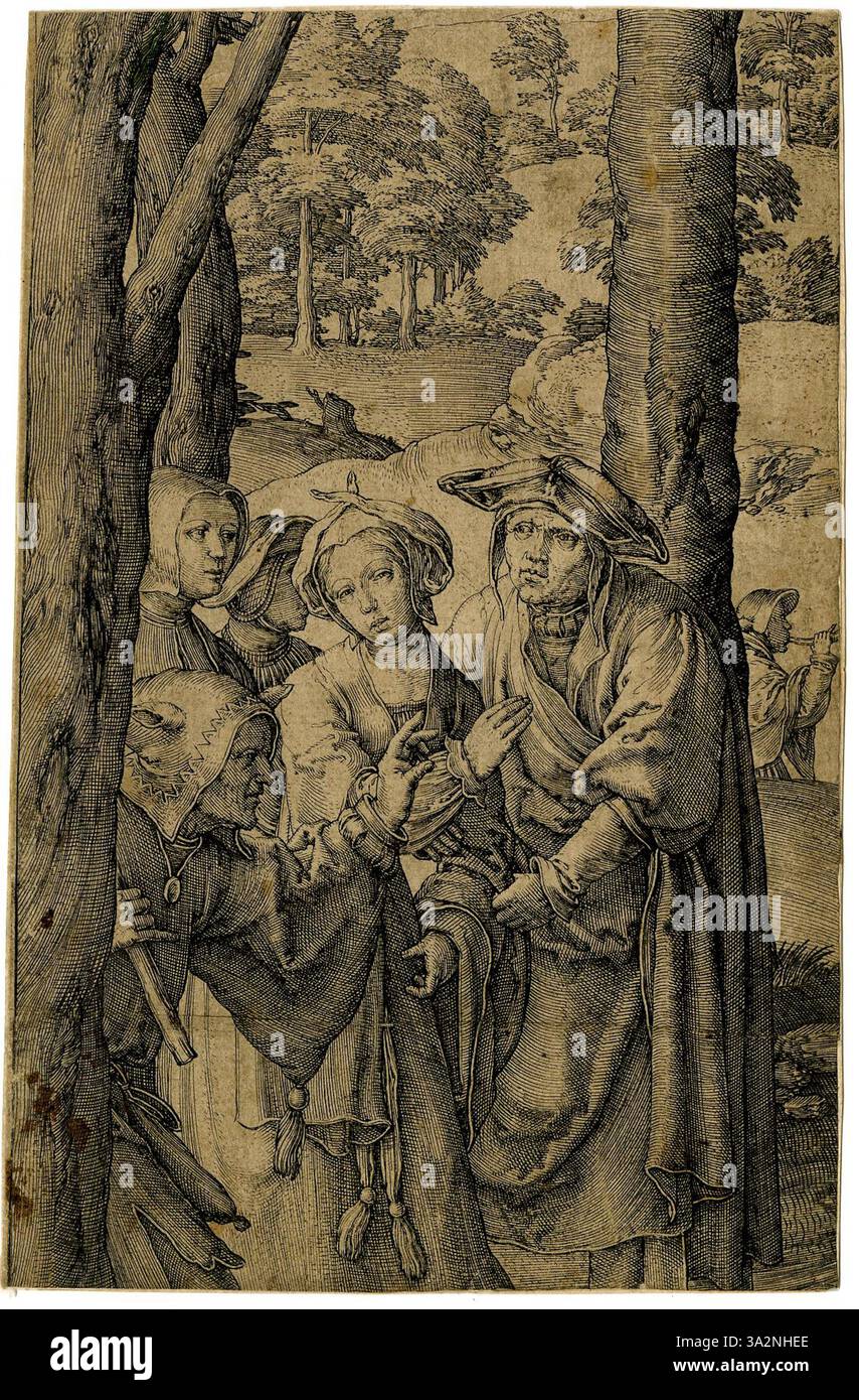 Dieser Stich von Lucas van Leyden zeigt eine religiöse oder historische Szene mit feinen Linien und Schattierungen, die die erzählerische Klarheit und emotionale Resonanz verbessern. Stockfoto