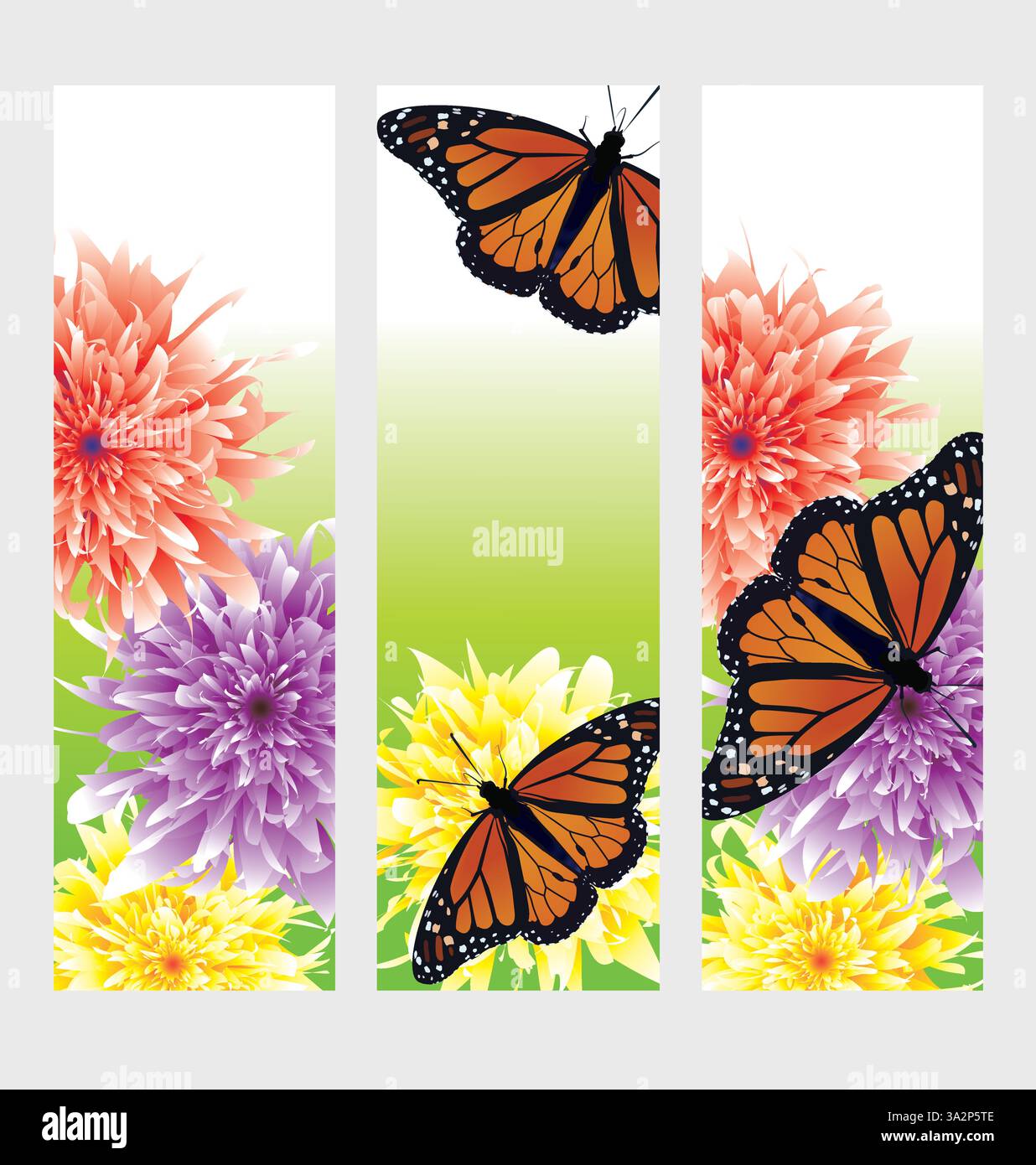 Set aus drei farbenfrohen und lebendigen Lesezeichenvorlagen mit Blumenmuster und Monarchschmetterlingen. Vektor-Illustration Design mit gelben, orange lila Blumen. Stock Vektor