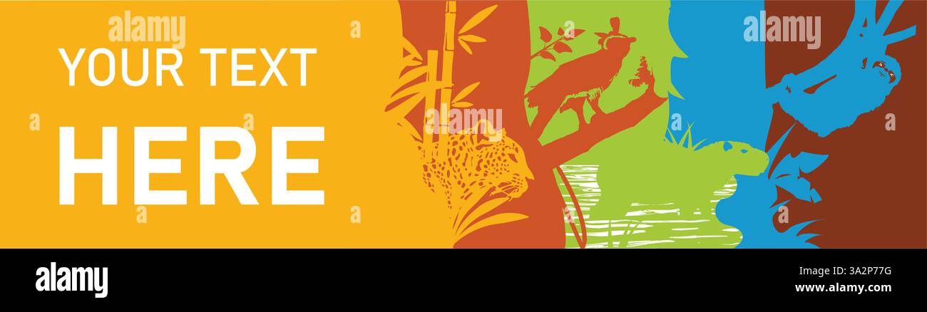 Buntes Banner mit verschiedenen tropischen Tieren. Flaches horizontales 2D-Banner. Vektor-Illustration für die National Wildlife Week. Stock Vektor