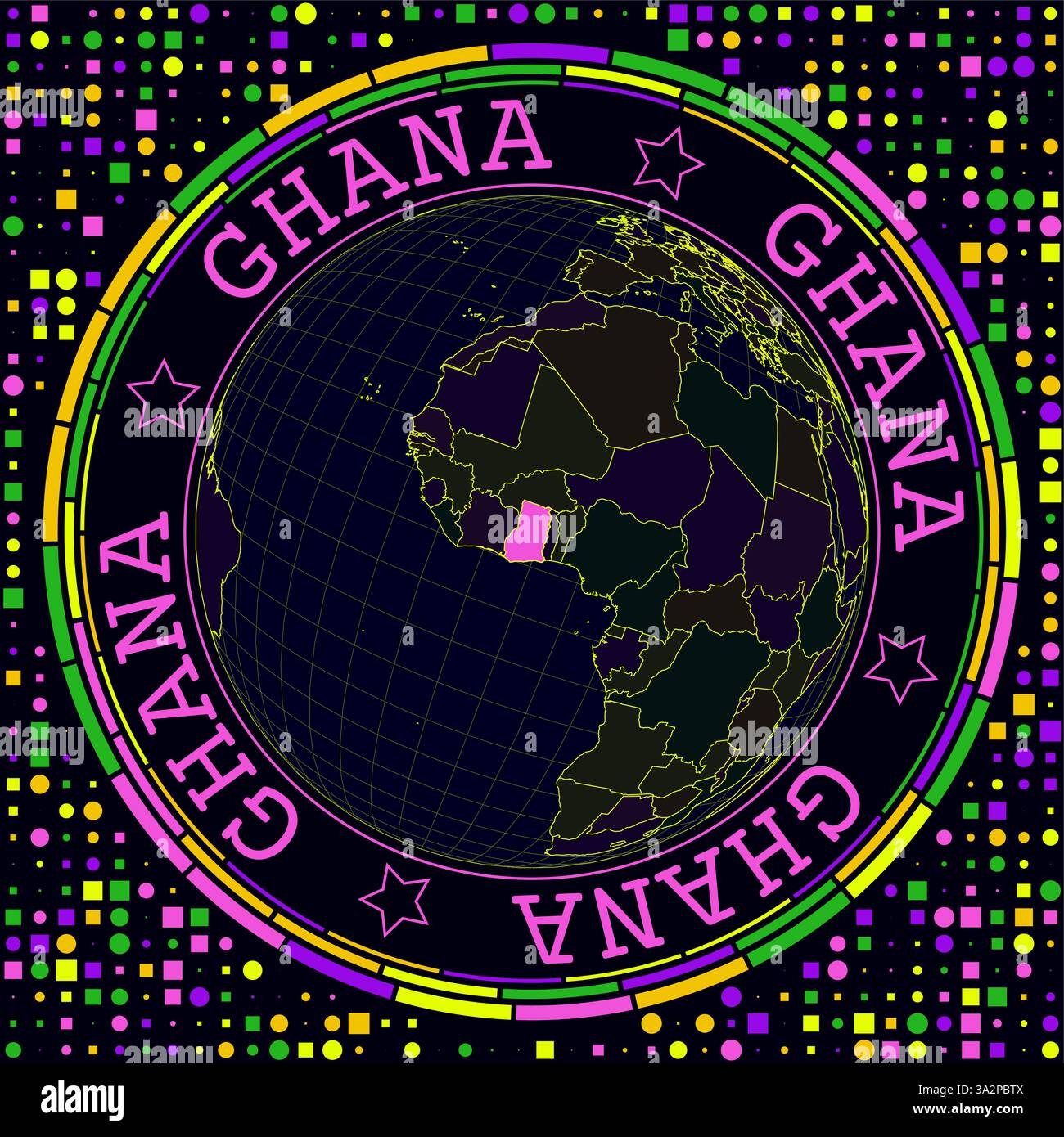 Futuristisches Ghana auf der Welt. Heller Neon-Satellitenblick auf die Welt mit Schwerpunkt Ghana. Stock Vektor