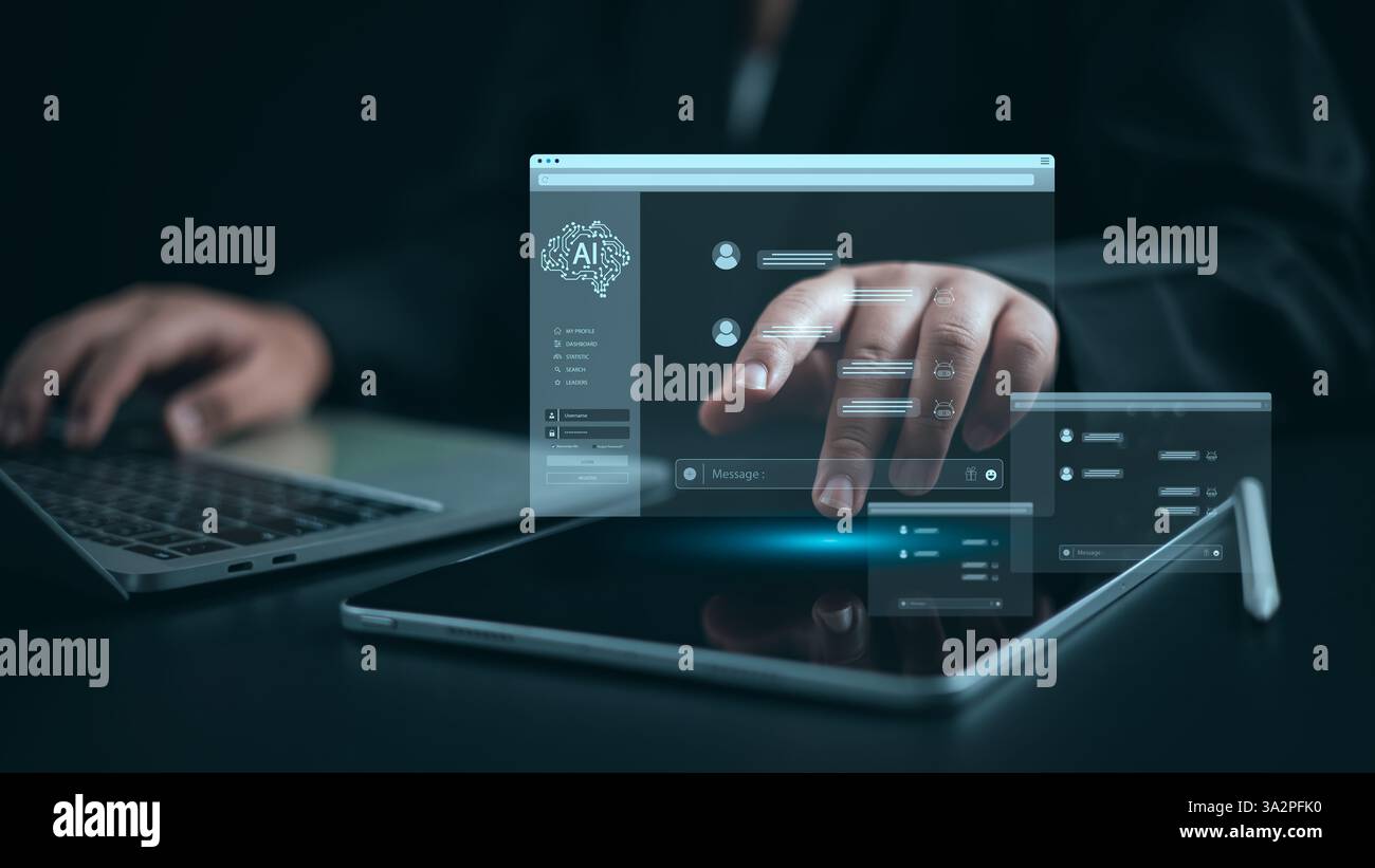 Intelligenz künstliche futuristische und technologische Entwicklung, Geschäftsmann, der das KI-Chat-System nutzt, um Antworten auf Fragen zu finden, Software für Chat wi Stockfoto