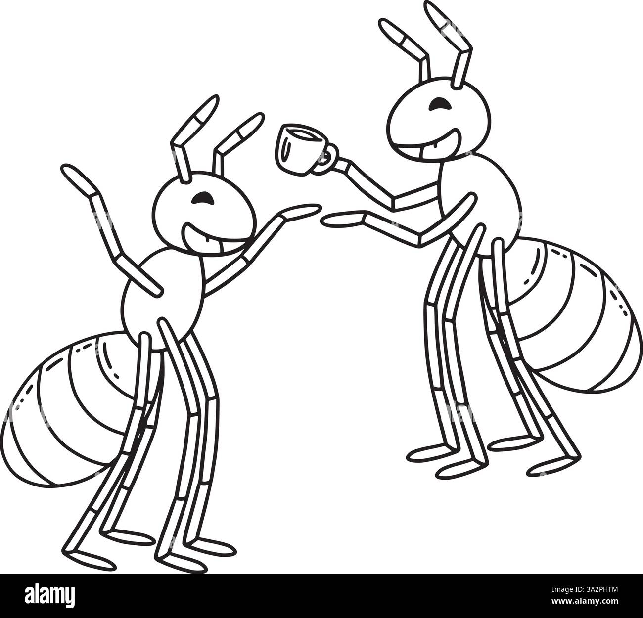 Ameisen mit einer Tasse Tee isolierte Malseite Stock Vektor