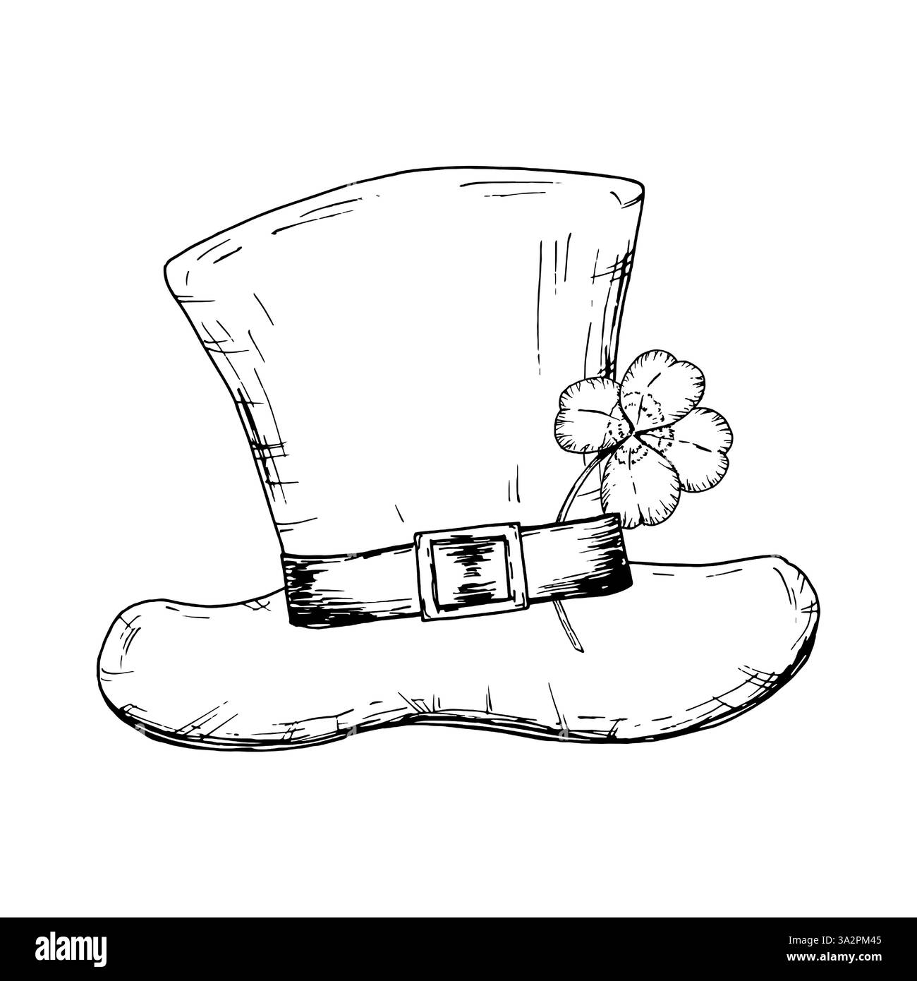 Handgezeichnete Schwarz-weiß-Illustration eines Leprechaun-Hutes mit einem Kleeblatt am Gürtel. Ein klassisches irisches Symbol für Glück Stock Vektor