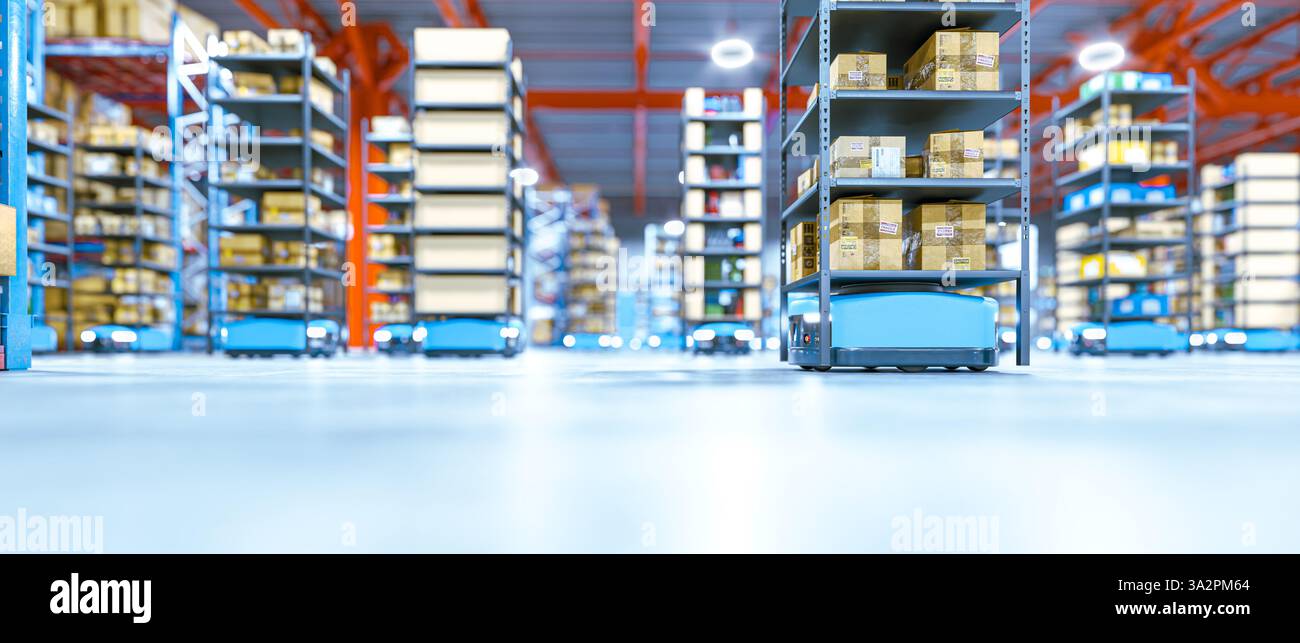 Automatisierte geführte Fahrzeuge 3D mit Regalen im Lager Stockfoto