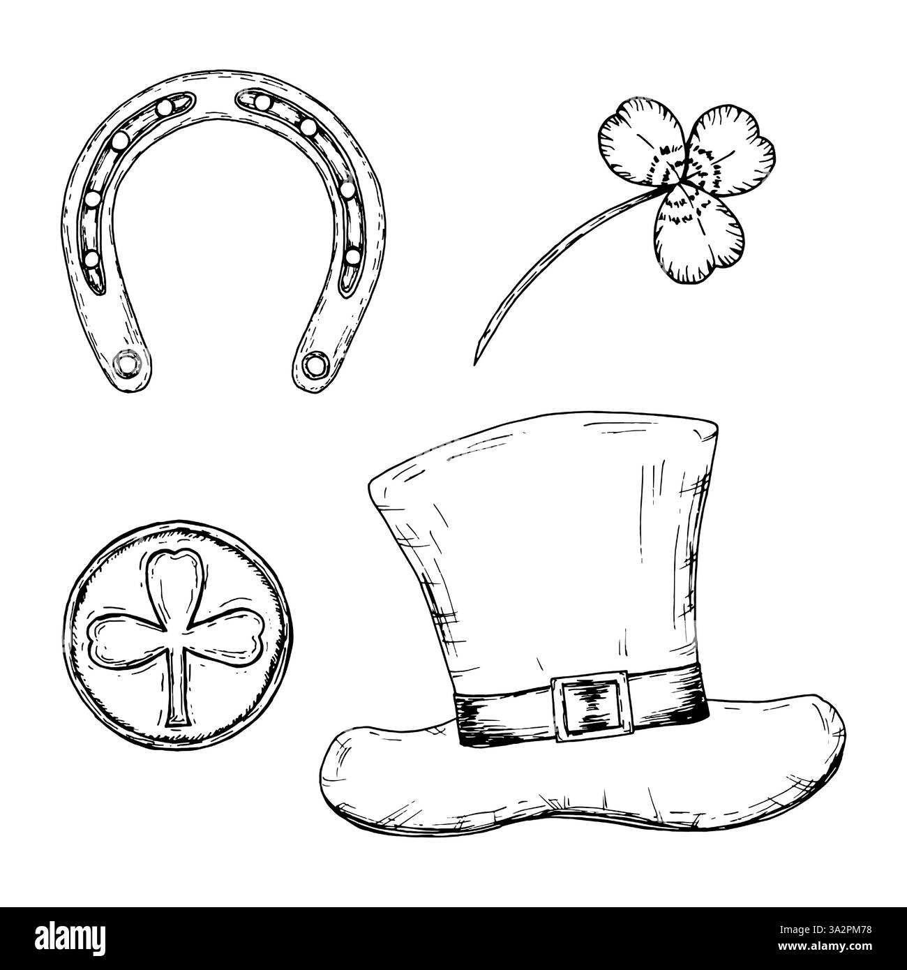 Eine Sammlung handgezeichneter St. Patrick's Day-Elemente, darunter ein Kobold-Hut, Hufeisen, Schamrock und Glücksmünze. Ein festliches Design, das feiert Stock Vektor