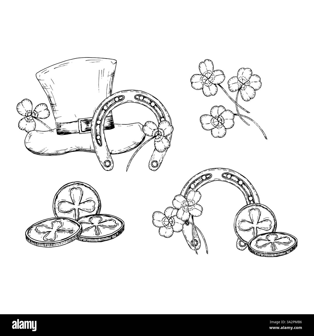 Eine Sammlung handgezeichneter Clips zum St. Patrick's Day, darunter ein Kobold-Hut, Hufeisen, Schamrock und Glücksmünze. Ein festliches Design Stock Vektor