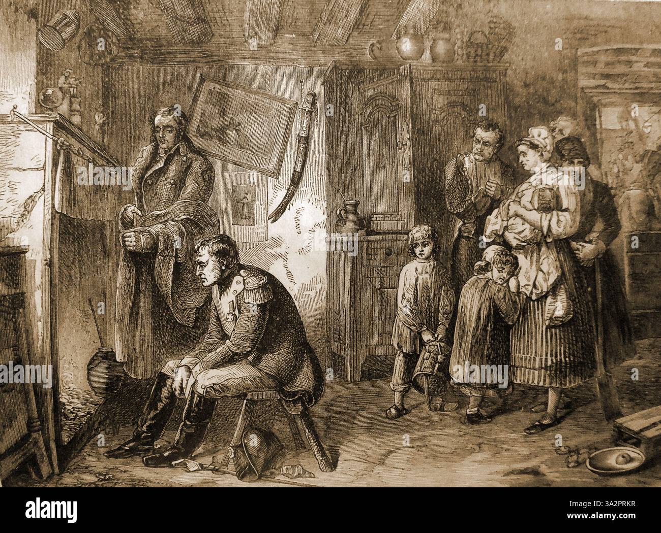 Ein viktorianischer Gravur, der Napoleon nach seiner Niederlage in der Schlacht von Waterloo am 18. Juni 1815 in einem französischen Familienhaus Zuflucht sucht, während er versuchte, der Gefangennahme zu entkommen. --Une gravure victorienne Montrant Napoléon se réfugiant dans une maison familiale francaise après sa défaite à la bataille de Waterloo le 18 Juin 1815. Napoléon alors qu'il tentait d'échapper à la Capture. -- Stockfoto