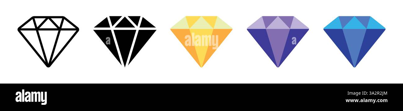 Fünf einzigartige Diamantsymbole mit verschiedenen Farben und Designs Stock Vektor