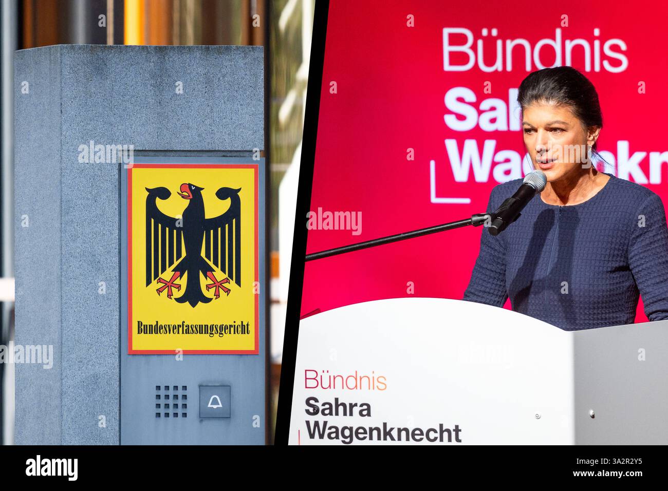 Deutschland - 13. März 2025: FOTOMONTAGE, Logo des Bundesverfassungsgerichts Karlsruhe neben einem Bild von Sahra Wagenknecht BSW, Allianz Sahra Wagenknecht. Der BSW hat eine Neuauszählung der Bundestagswahl beantragt *** FOTOMONTAGE, Logo vom Bundesverfassungsgericht Karlsruhe neben einem Bild von Sahra Wagenknecht BSW, Bündnis Sahra Wagenknecht. Das BSW hat einen Antrag auf Neuauszählung der Bundestagswahl gestellt Stockfoto
