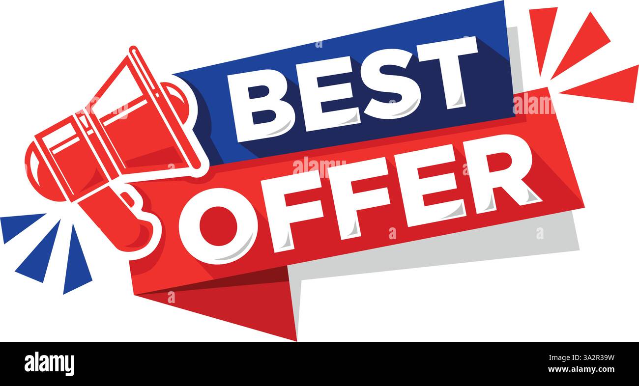 Werbeaufkleber Bestes Angebot mit Megaphon auf Band. Textvorlage für Flyer, Webbanner und Store-Kampagne. Vektor auf transparentem Hintergrund Stock Vektor