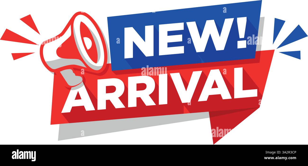 Produktetikett für Neuankömmlinge auf rotem und blauem Band mit Megaphon. Vektoraufkleber für Werbung auf transparentem Hintergrund Stock Vektor