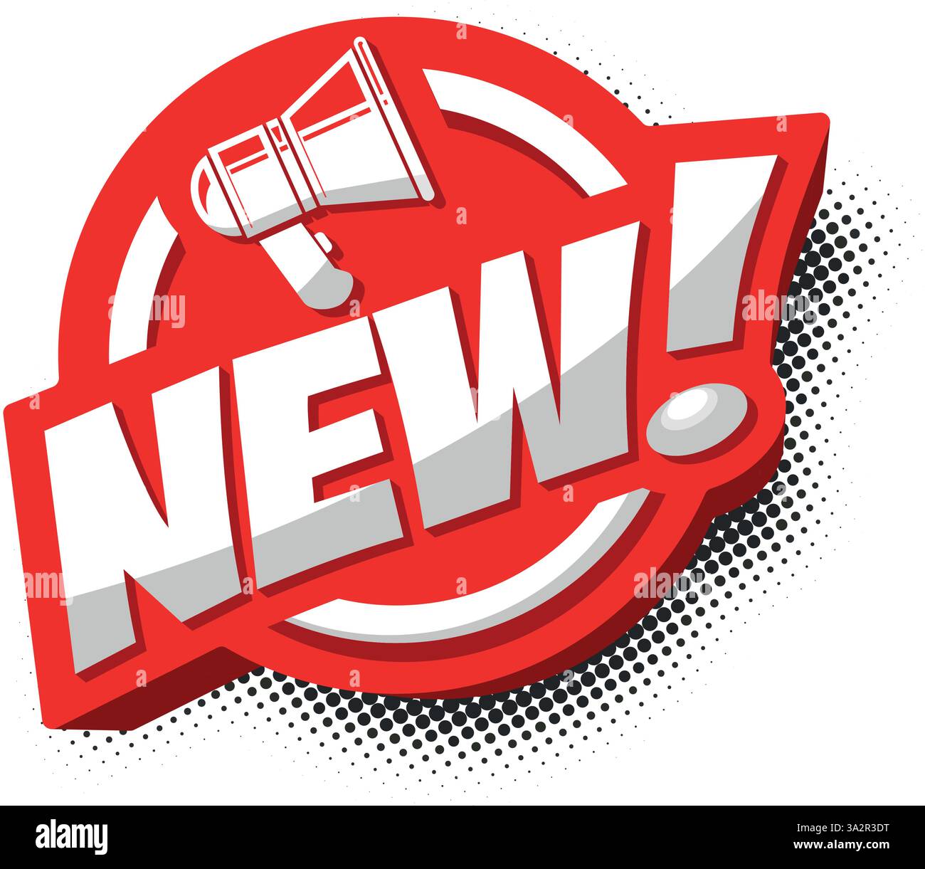 Neu! Komische Sprechblase. Sale, Promo, Rabatt, Ankunftsbeschriftung mit Geräuscheffekt des Lautsprechers. Vektor auf transparentem Hintergrund Stock Vektor