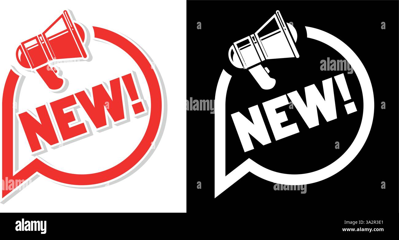 Neu! Komische Sprechblase. Sale, Promo, Rabatt, Ankunftsbeschriftung mit Megaphon. Vektor auf transparentem und dunklem Hintergrund Stock Vektor