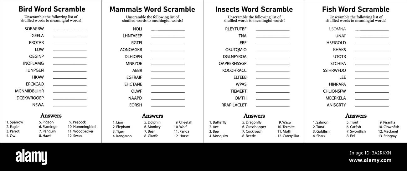 Tiere Wortspiel und Puzzle, Sammlung von Insekten, Säugetiere, Vögel, Fisch Freizeit, Hobby- und lustiges Lernspiel für Kinder, Teenager und Erwachsene Stock Vektor
