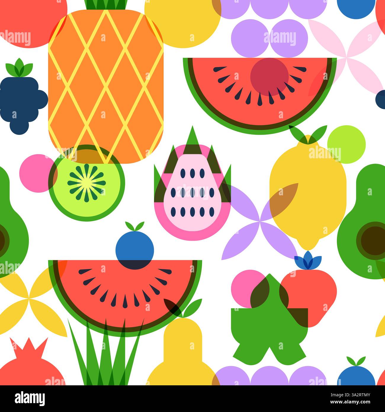Tropische Früchte, Beeren nahtloses Muster. Vektor flache geometrische Illustration von Ananas, Traube, Zitrone, Wassermelone. Farm Fruit Label Paket Backgr Stock Vektor