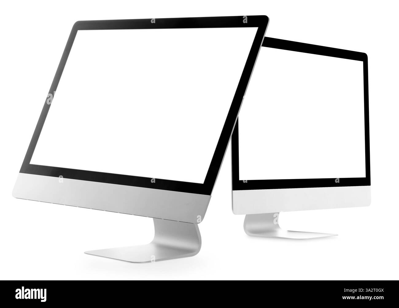 Computermonitor mit leeren Bildschirmen isoliert auf weiß, Collage Stockfoto