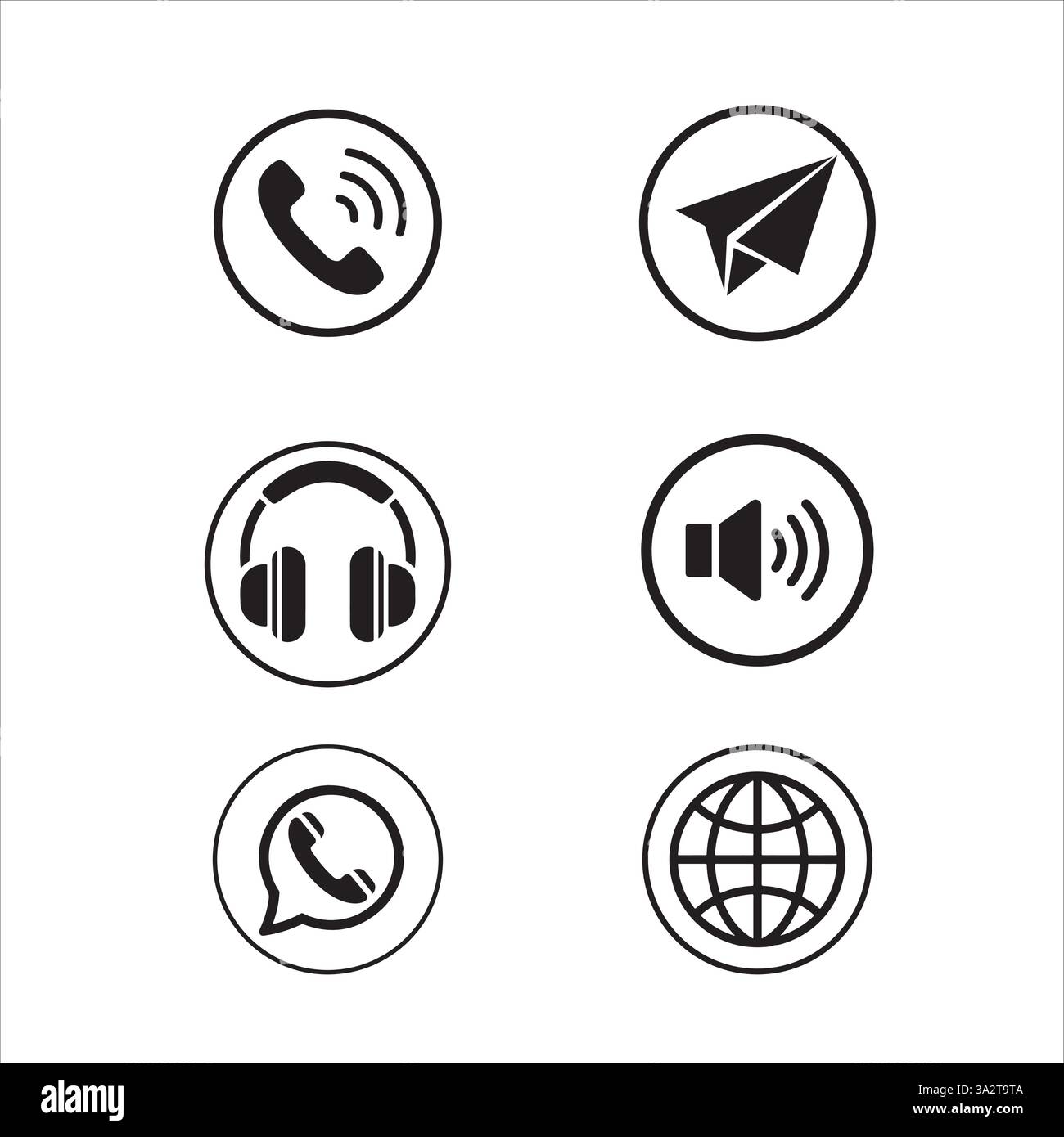 „Kommunikationssymbole Eingestellt: Anruf, Nachricht, Lautstärke, Kopfhörer, Globe, Audio“ Stock Vektor