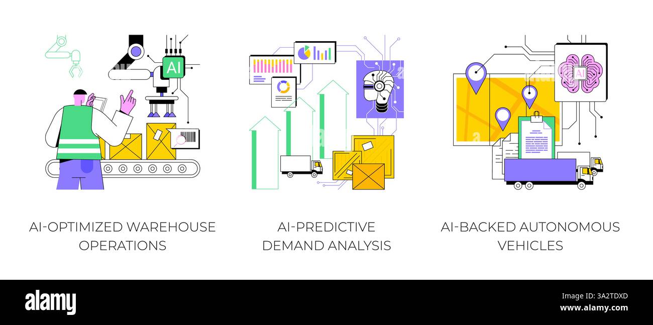 KI in Logistik und Lagerhaltung abstrakte Konzeptvektorillustrationen. Stock Vektor