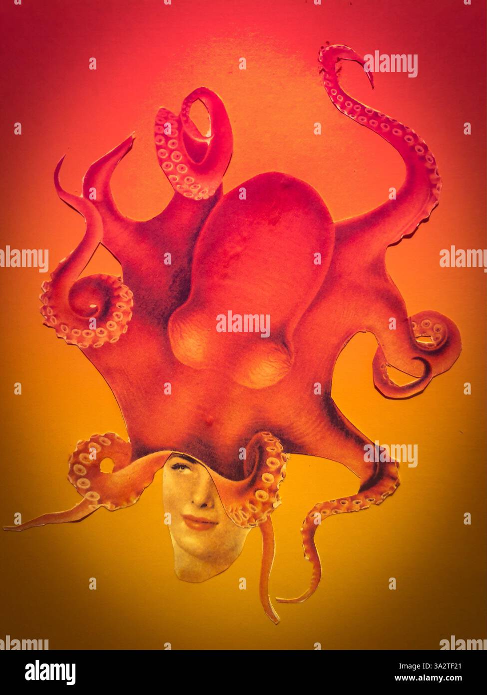 Konzeptuelle Collagekunst eines Oktopus, der den Kopf einer Frau bedeckt Stockfoto