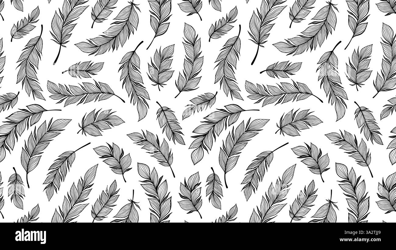 Schwarz und weiß elegante Line Art Federn, flauschige elegante Hand gezeichnete große Skalenfedern Vektor nahtlose Muster für Tapeten und Textildesigns Stock Vektor