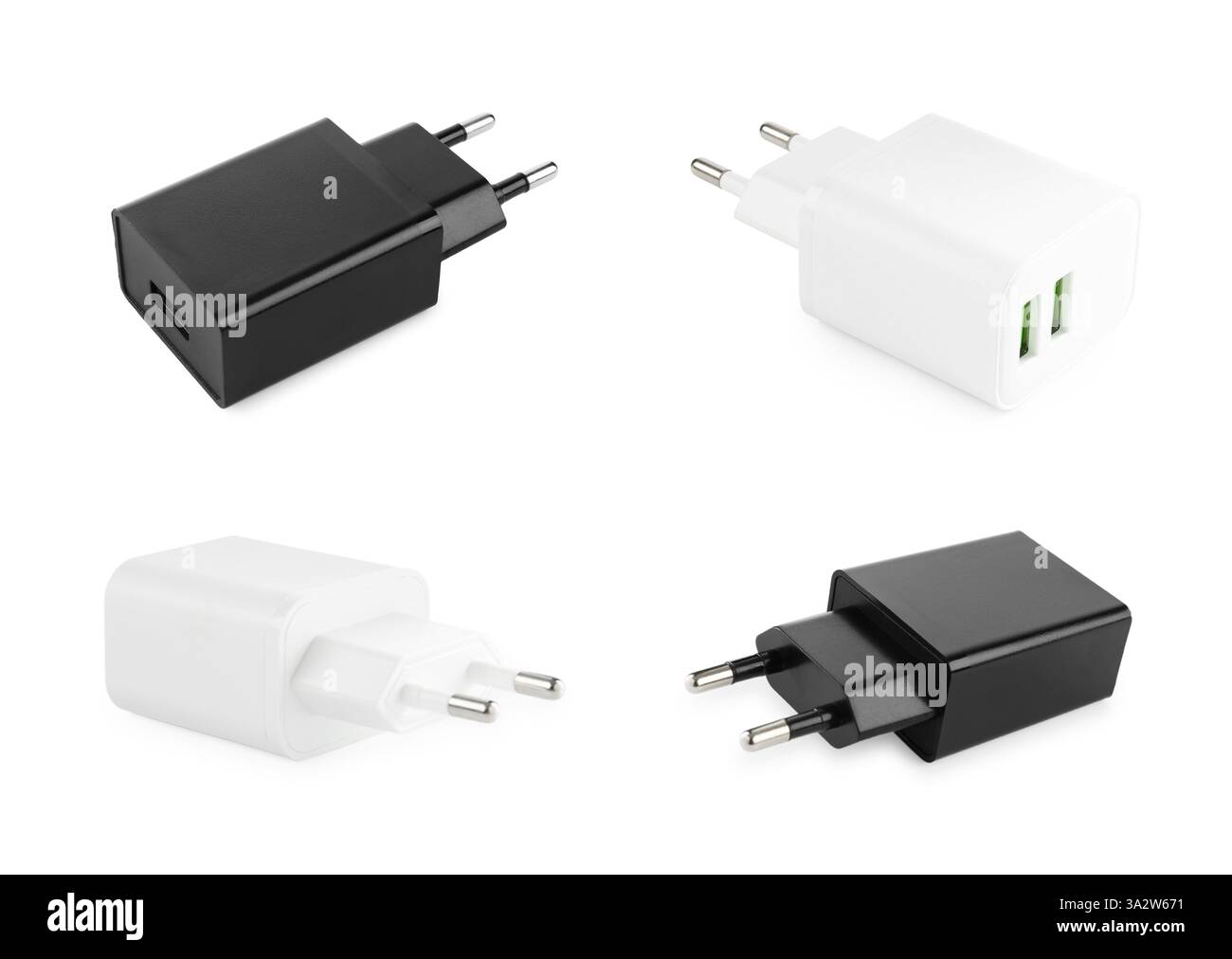 USB-Netzadapter (Ladegerät) isoliert auf weiß, Set Stockfoto