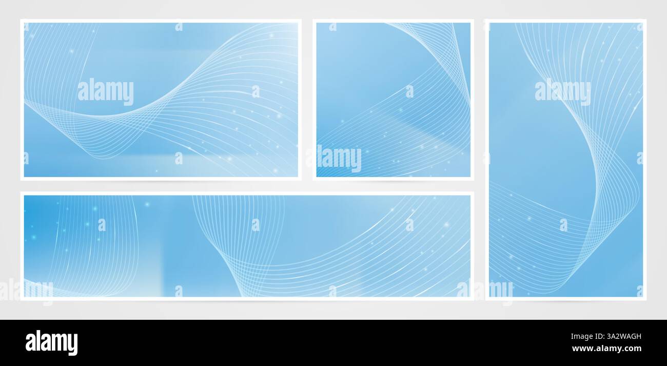 Set aus vier blauen abstrakten Bannern mit Wellenlinien für Visitenkartenvorlagen, Banner, Flyer, Deckkalender, Webbanner, Schilder, Website Stock Vektor